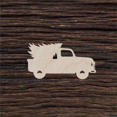 Sunkvežimis ir eglė - medinis gaminys, pjautas lazeriu - dekoravimui ir dažymui