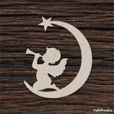 Angelėlis  su mėnuliu  - medinis gaminys, pjautas lazeriu - dekoravimui ir dažymui